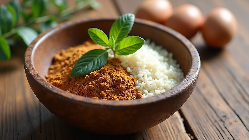 Eye-level view of a bowl with natural ingredients for hair mask