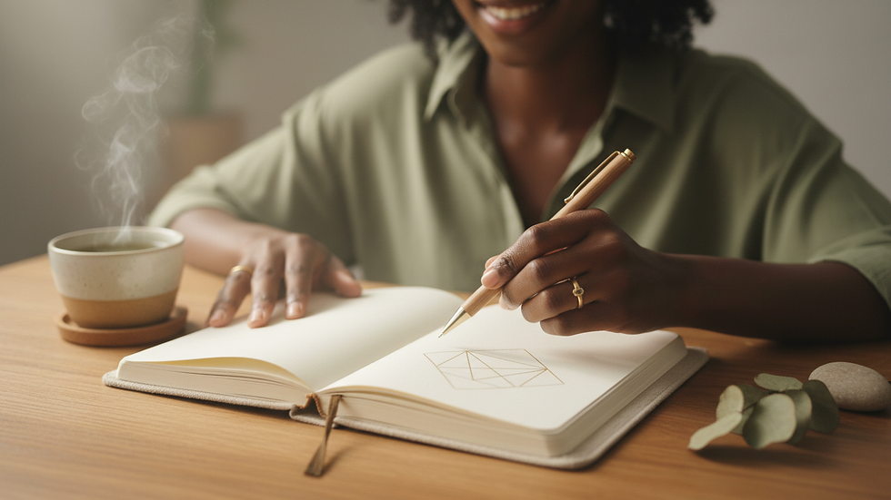 Close-up of a journal and pen on a cozy wooden desk