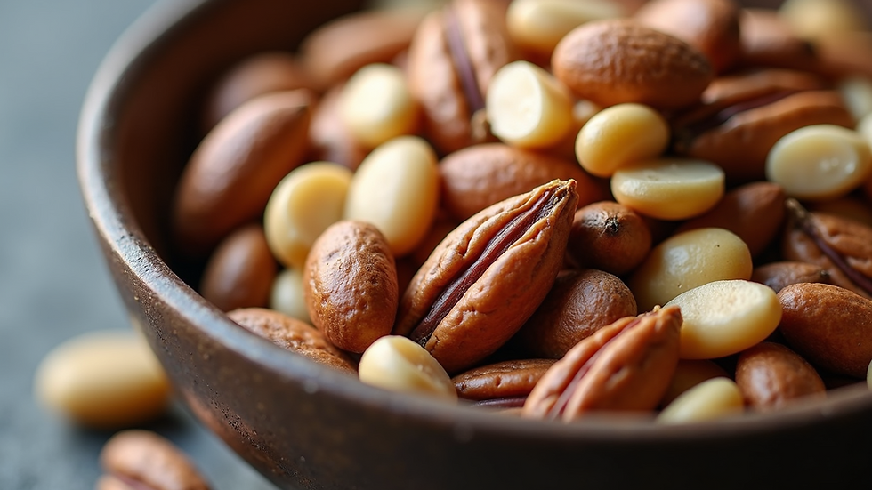 Close-up view of a bowl of mixed nuts and seeds