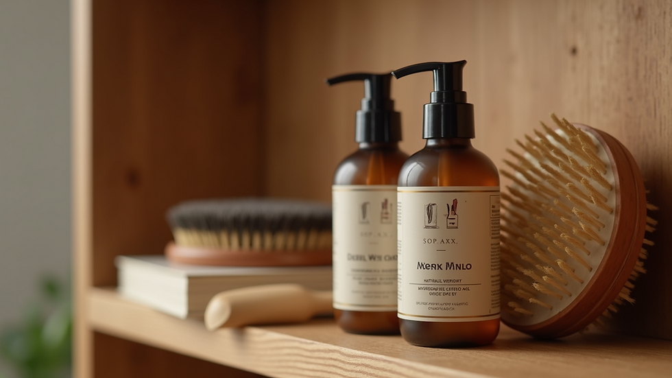 Eye-level view of a wooden shelf with natural hair oils and brushes