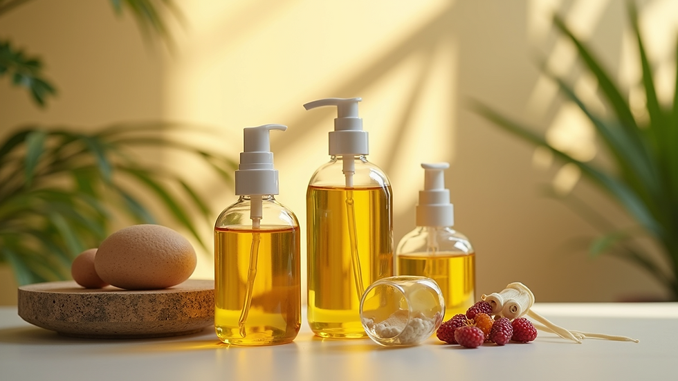 Eye-level view of natural oils and scalp care products