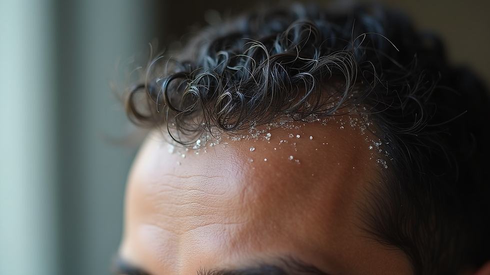 Close-up view of scalp with dandruff flakes