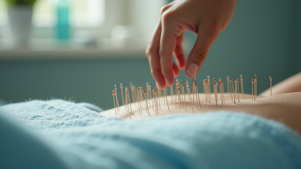 Close-up view of acupuncture needles on a treatment table