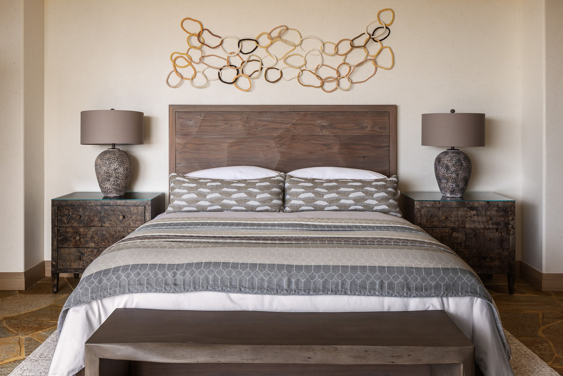 Custom white oak and walnut bed in Hawaii bedroom retreat