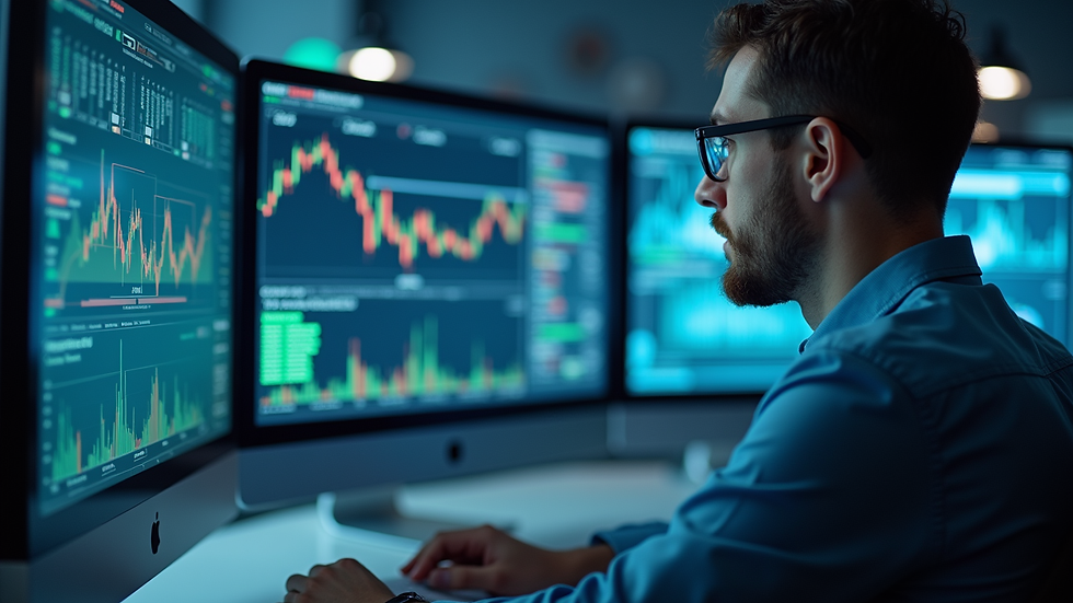Close-up view of a data scientist analysing financial data on multiple screens