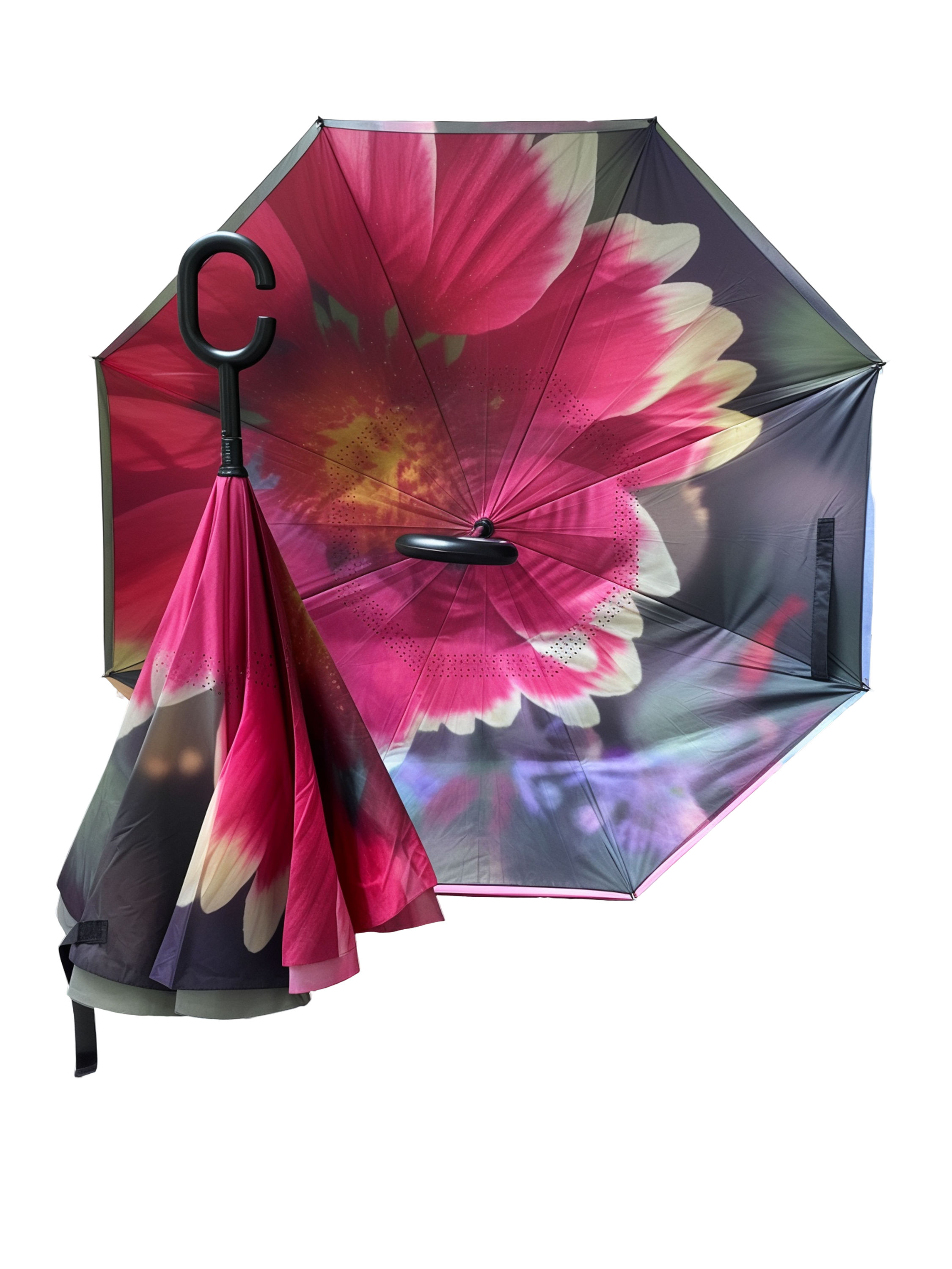 Pink Flower Inverted Rain Umbrella and Sun Parasol with C-Shaped Handle