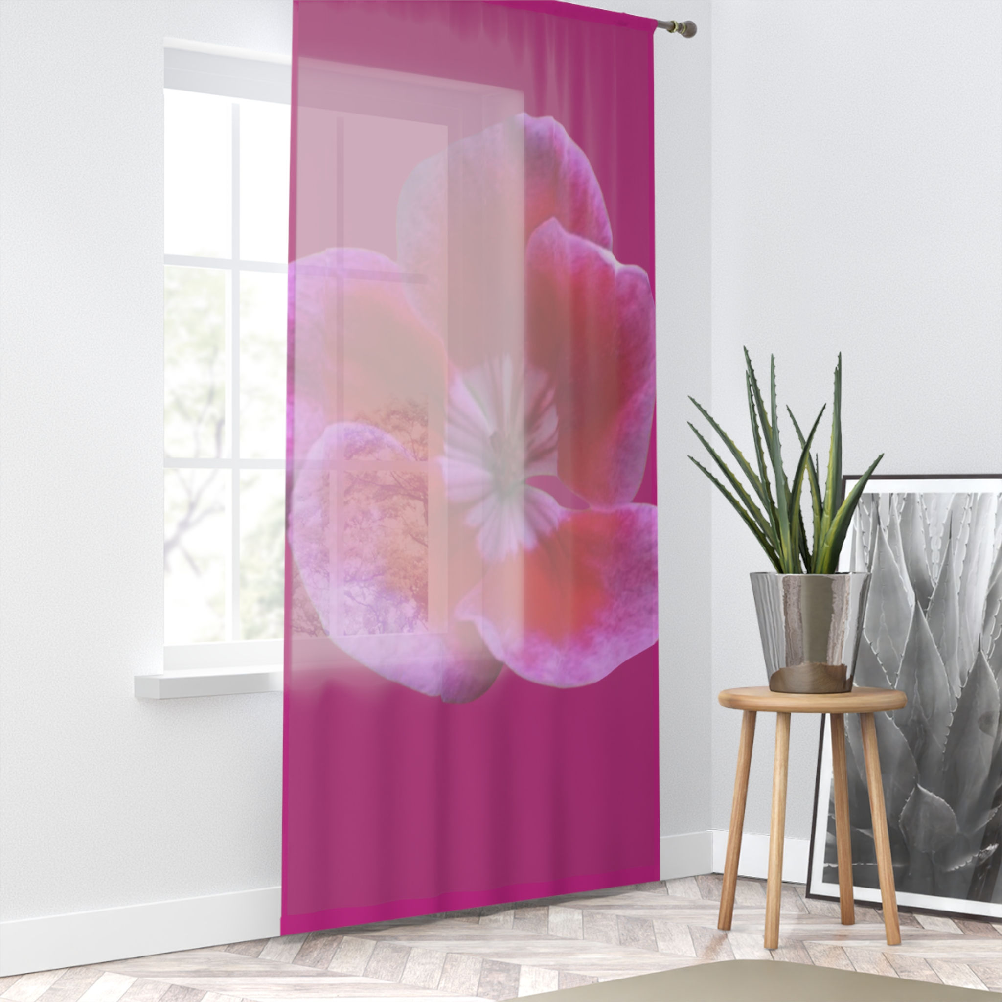 Fuchsia Flower on Pink Sheer Curtain