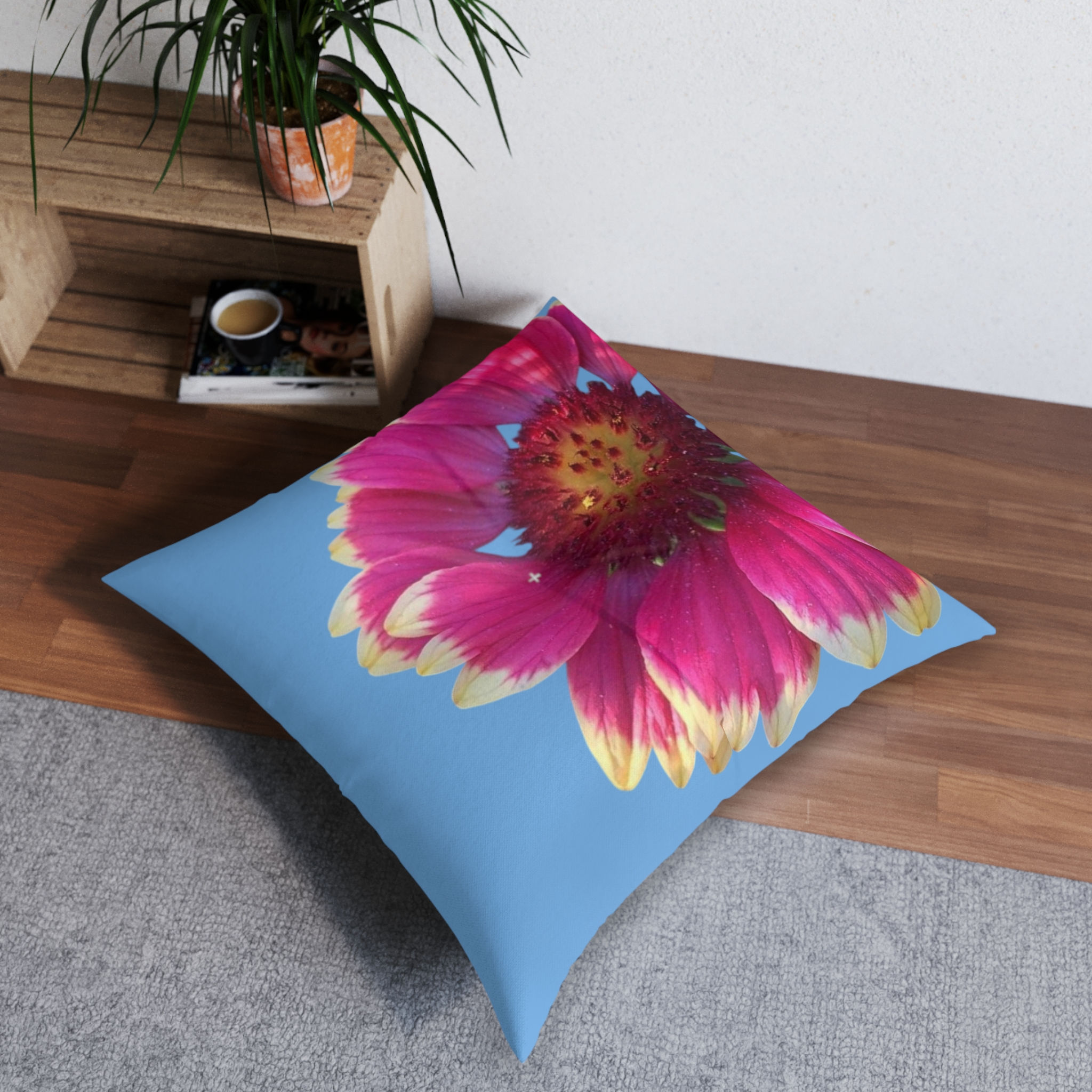 Pink Flower and Blue Large Tufted Floor Cushion 30"x30"