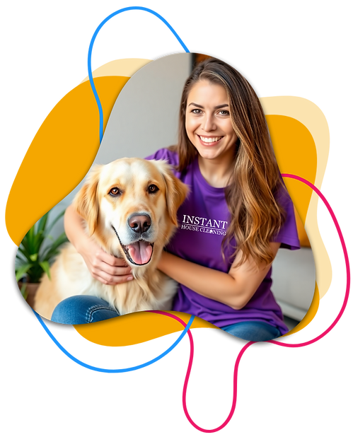 House cleaner with purple shirt and dog