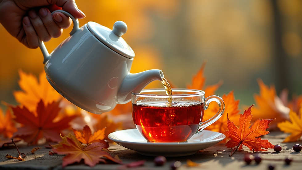 Eye-level view of a teapot pouring elderberry and lemon balm tea into a cup