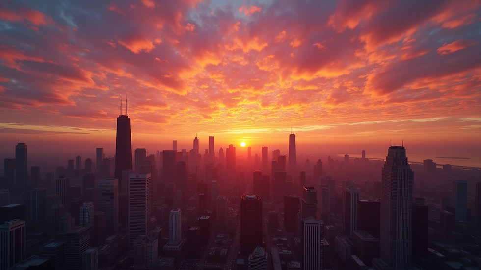 Wide angle view of Chicago's skyline at sunset