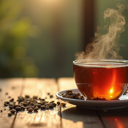 A steaming cup of echinacea and ginger tea on a wooden table