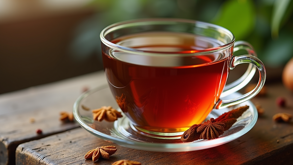 High angle view of a vibrant cup of turmeric and ginger tea with spices