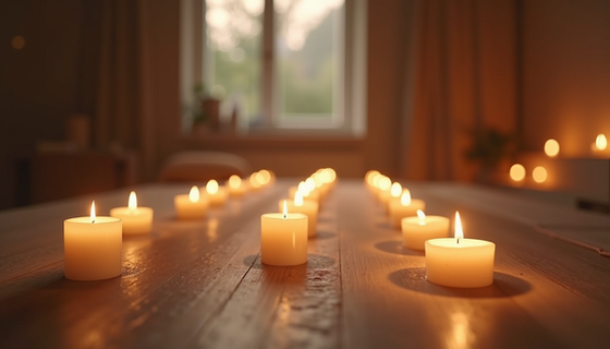 Serene meditation space illuminated by gentle candlelight, creating a peaceful ambiance for inner reflection.