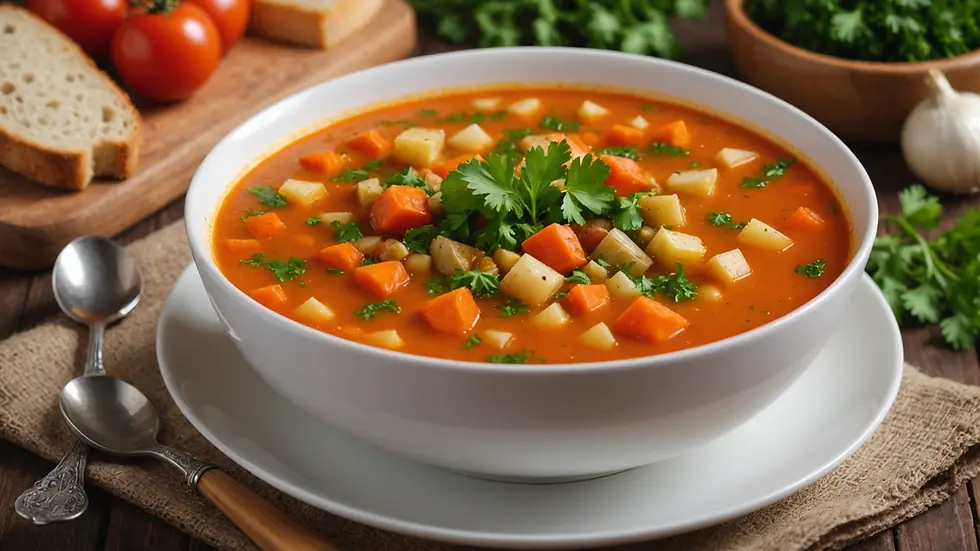 Close-up of a bowl of homemade vegetable soup garnished with parsley