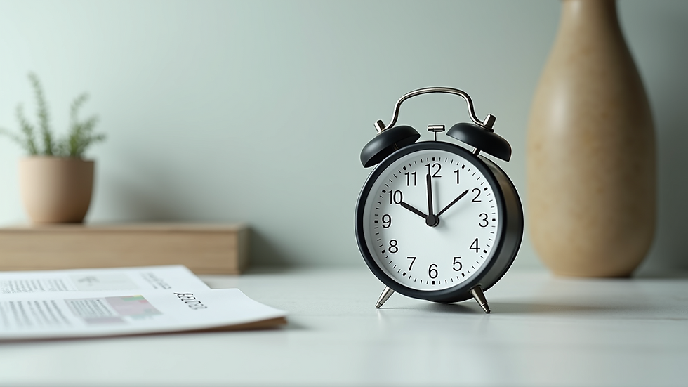 Eye-level view of a clock showing fasting hours on a minimalist table