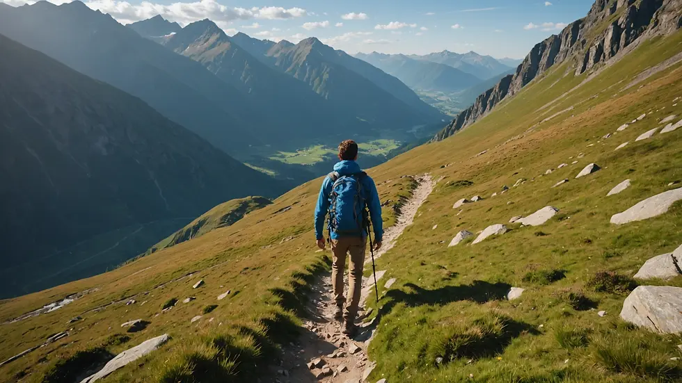 Eye-level view of a person hiking a mountain trail