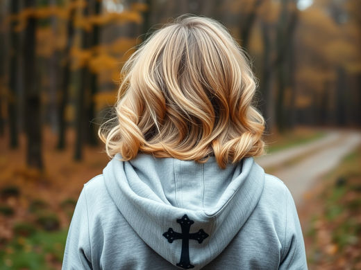 A person with wavy blonde hair wearing a hooded sweatshirt adorned with a cross symbol explores a serene forest path amidst the colors of autumn.