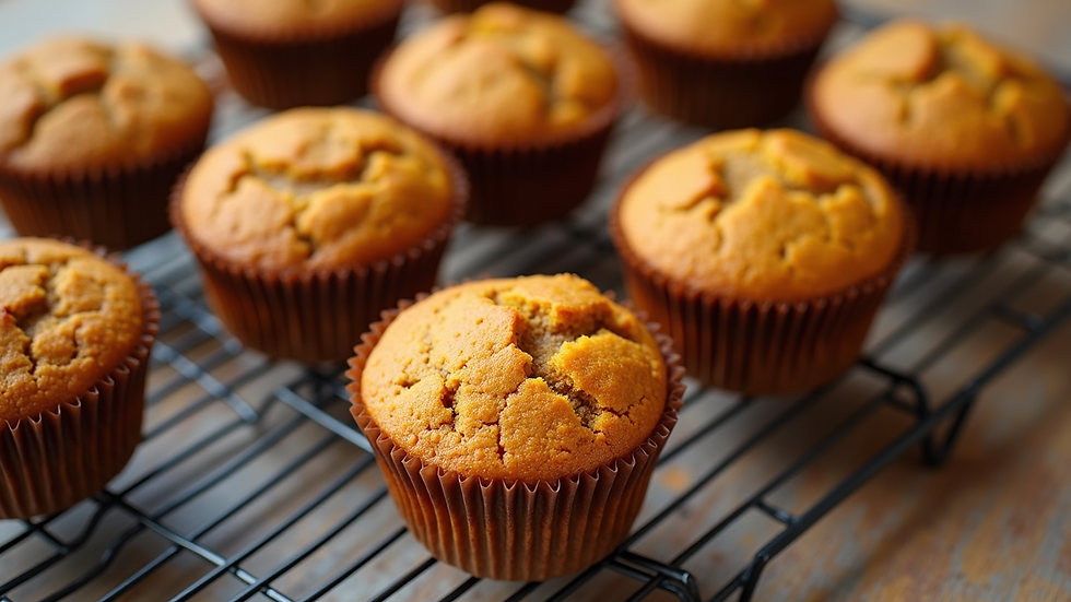 High angle view of freshly baked pumpkin muffins on a cooling rack