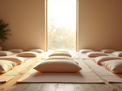 Peaceful meditation corner with cushions and soft lighting