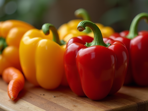 Vibrant assortment of red and yellow bell peppers displayed alongside a twisty carrot on a wooden cutting board.