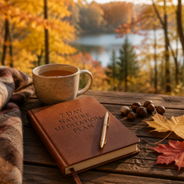A simple meditation setup—tea, journal, blanket, and fallen leaves—offers a visual reminder that reflection can begin with small seasonal rituals.