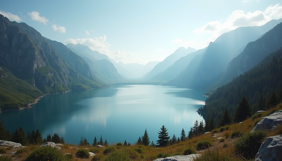 A serene lake reflecting majestic mountains under a clear sky.