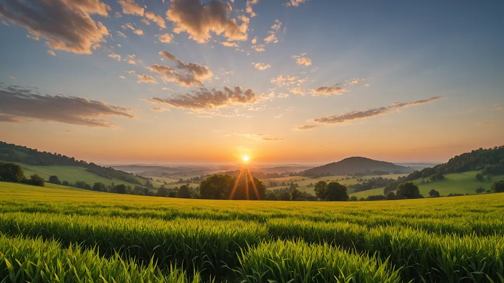 Eye-level view of a serene sunrise illuminating a peaceful landscape