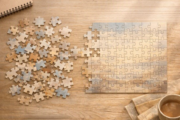 “Scattered pieces becoming ordered: recovery often begins by turning confusion into clarity, one safe step at a time.”