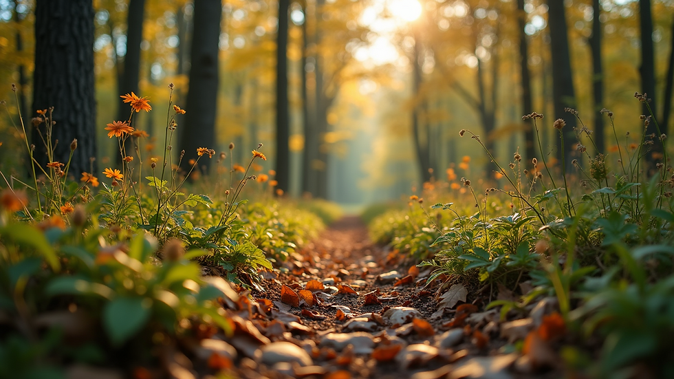 High angle view of a vibrant forest floor covered with wild herbs and fallen leaves