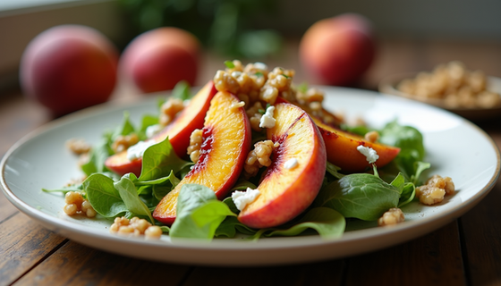 Grilled peach salad garnished with fresh ingredients