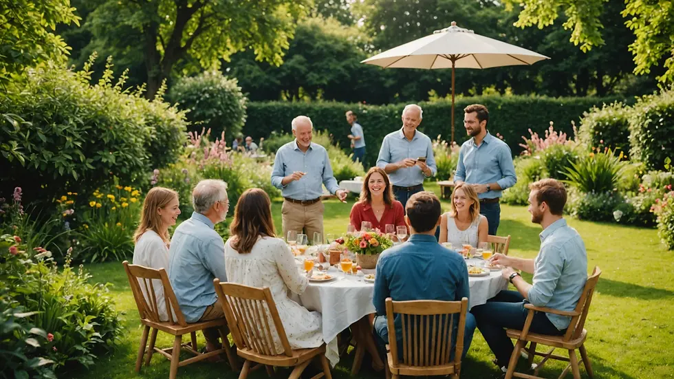 Wide angle view of a joyful gathering among friends in a beautiful garden
