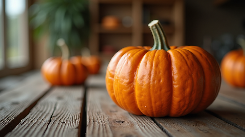 Close-up view of a vibrant orange pumpkin on a wooden table