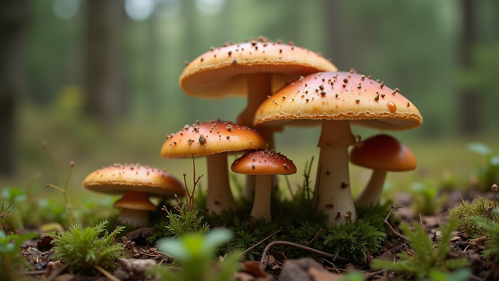 Close-up view of a variety of wild mushrooms on a forest floor