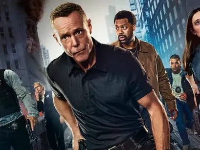 The cast of "Chicago PD" portrays a determined team amidst a dramatic urban backdrop, capturing the intensity and urgency of their mission.