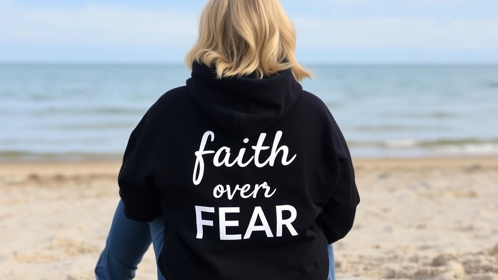 Embracing a peaceful moment by the water, reflecting on positivity with "faith over fear, and gratitude " guiding the way.