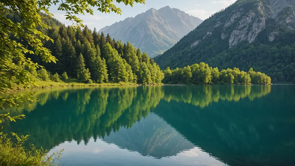 Close-up view of a serene nature scene with a calm lake