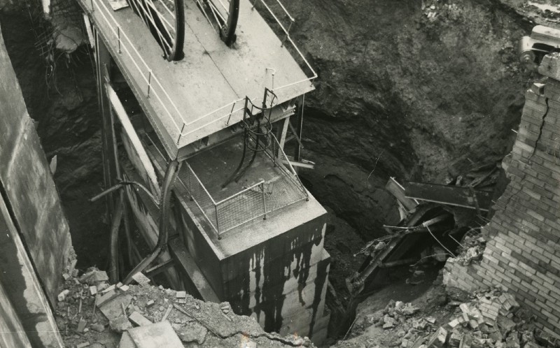A black and white image of Barony’s collapsed shaft