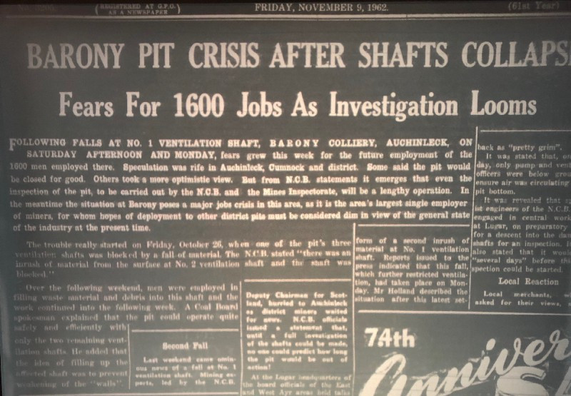 Image of newspaper headline says ‘Barony Pit Crisis after shafts Collapse’