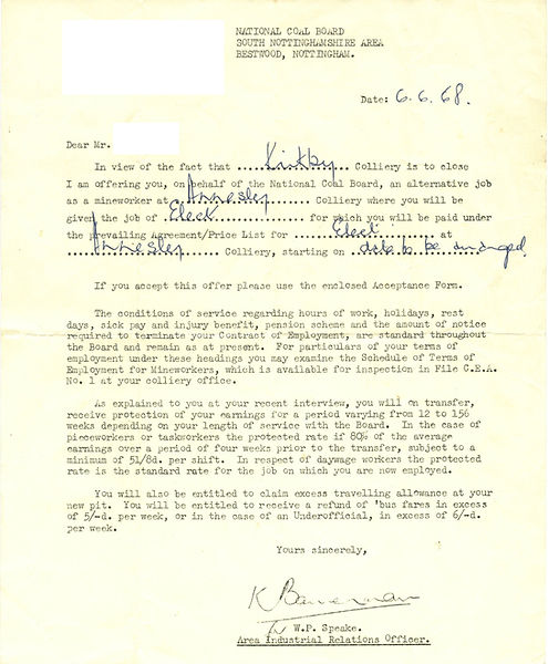 A single page of tpe written text, some details are filled in in pen, others are blanked out using white squares