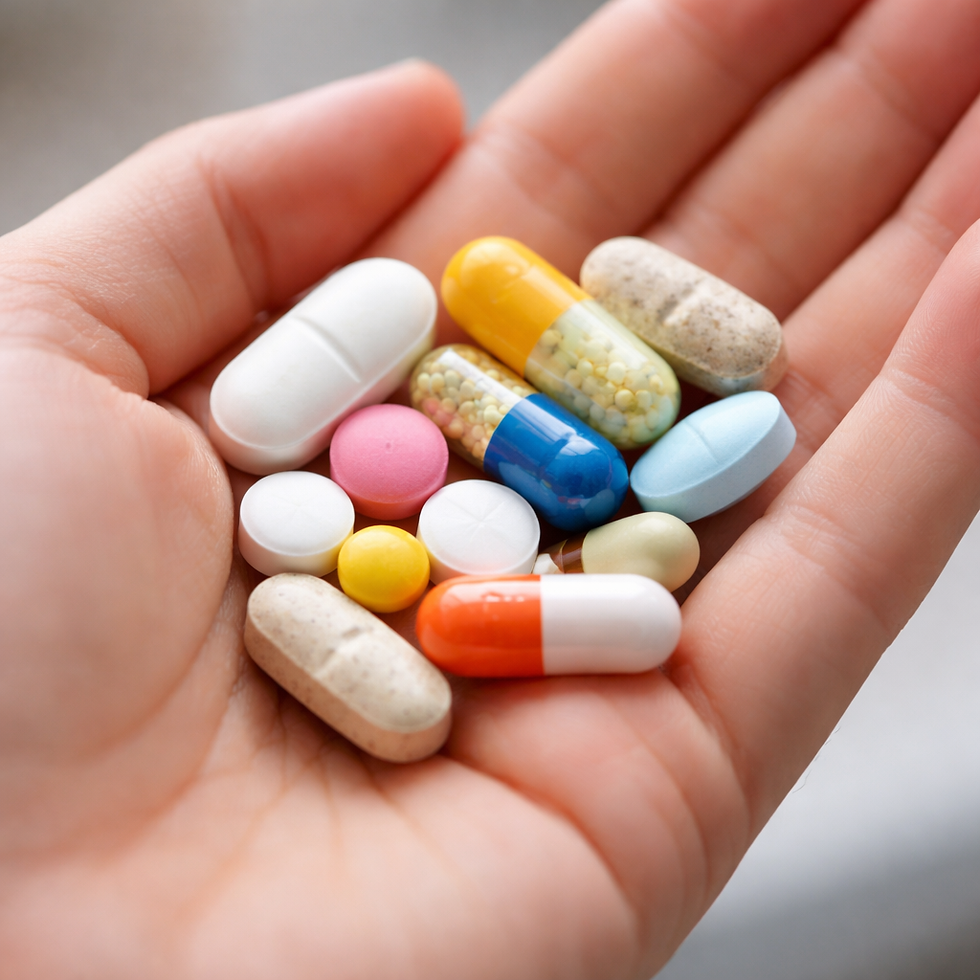 Hand mit verschiedenen Medikamenten als Symbol für Leistungsdruck und Symptombekämpfung bei Morbus Crohn