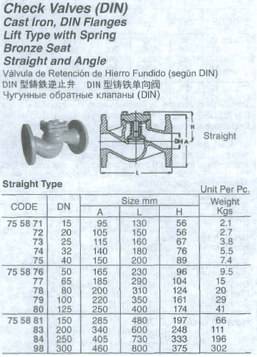 Thumbnail: 755879 CHECK VALVE Straight, DIN CAST IRON FLANGED ; LIFT TYPE PN16 DN100