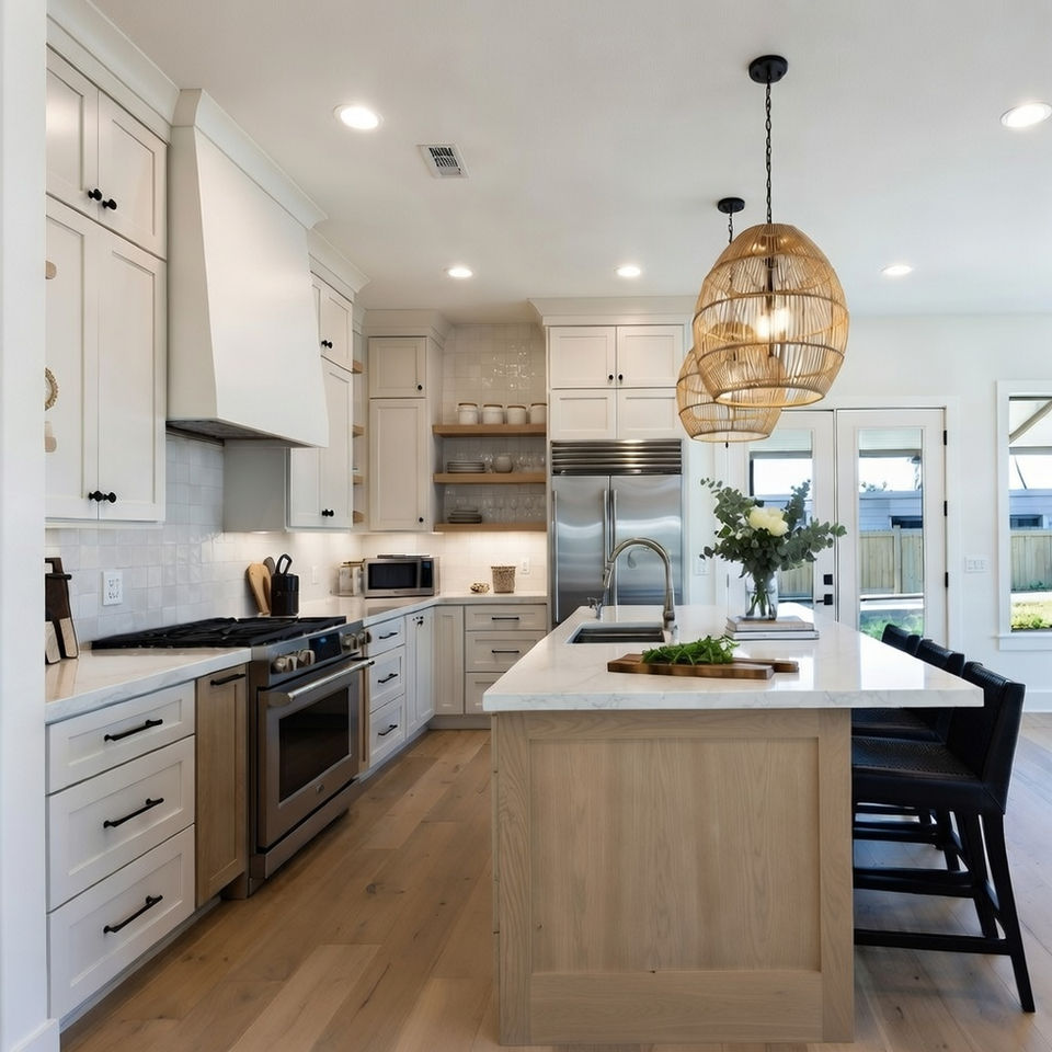 Kitchen with large island, pendant lighting, and bright finishes