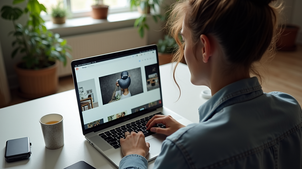 High angle view of a person browsing creative portfolios on a laptop