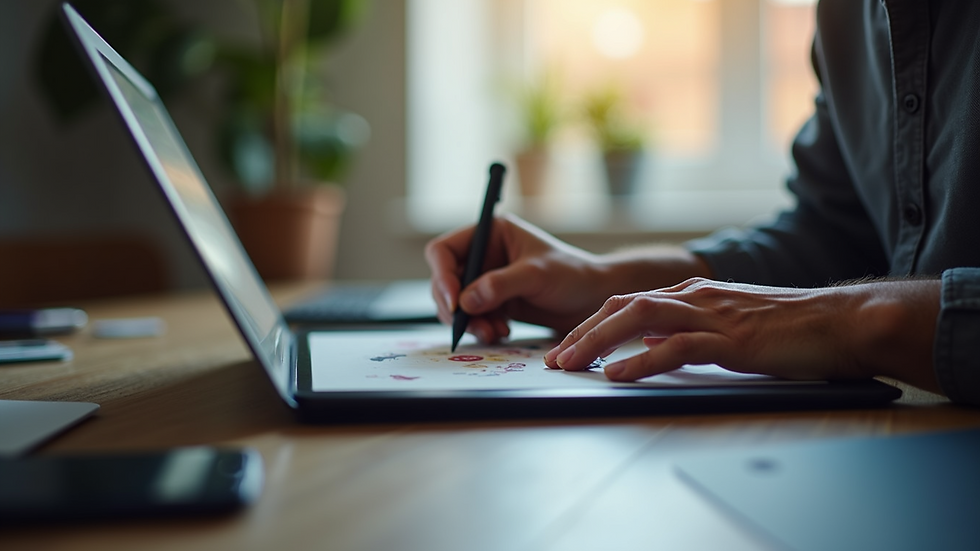 Eye-level view of a digital artist working on a graphic tablet