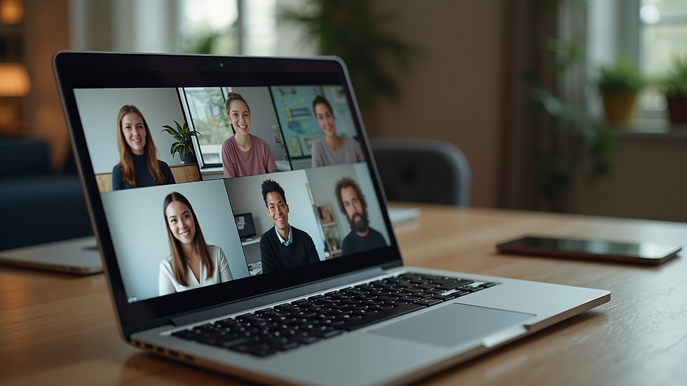 Close-up of a laptop screen showing a video conference with creative team members