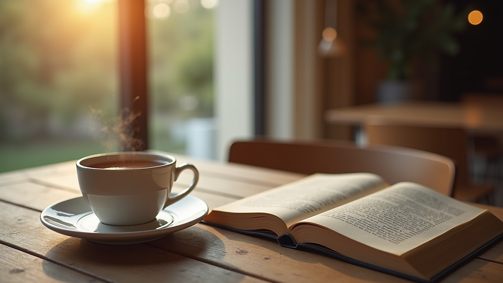 Vue en plongée d’une table avec des livres et une tasse de thé