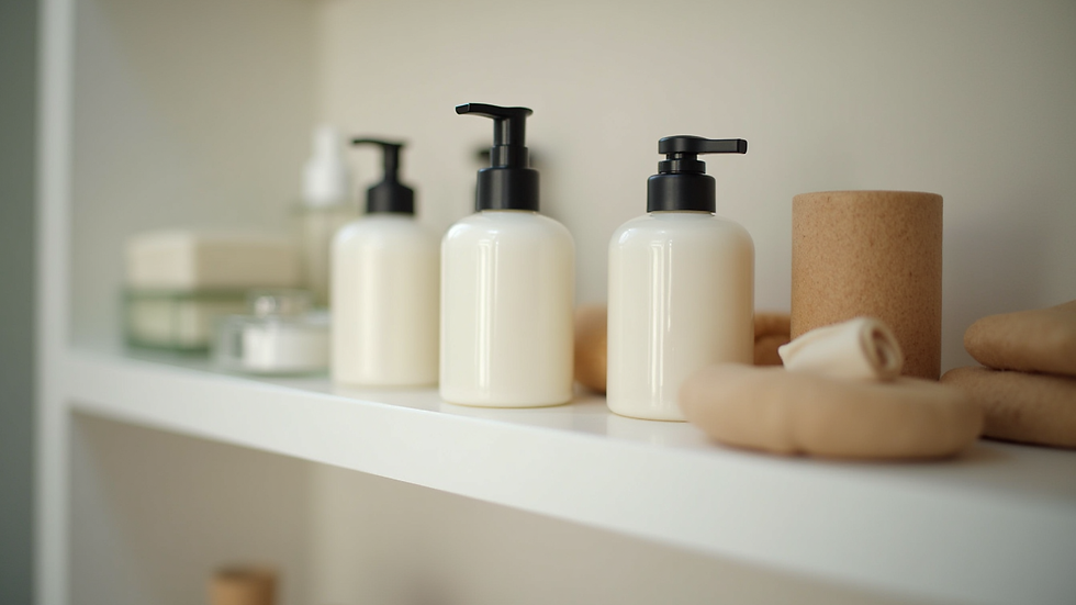 Eye-level view of a bathroom shelf with various bath and body products