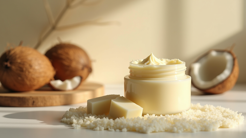 Close-up view of natural lotion jar with shea butter and coconut oil