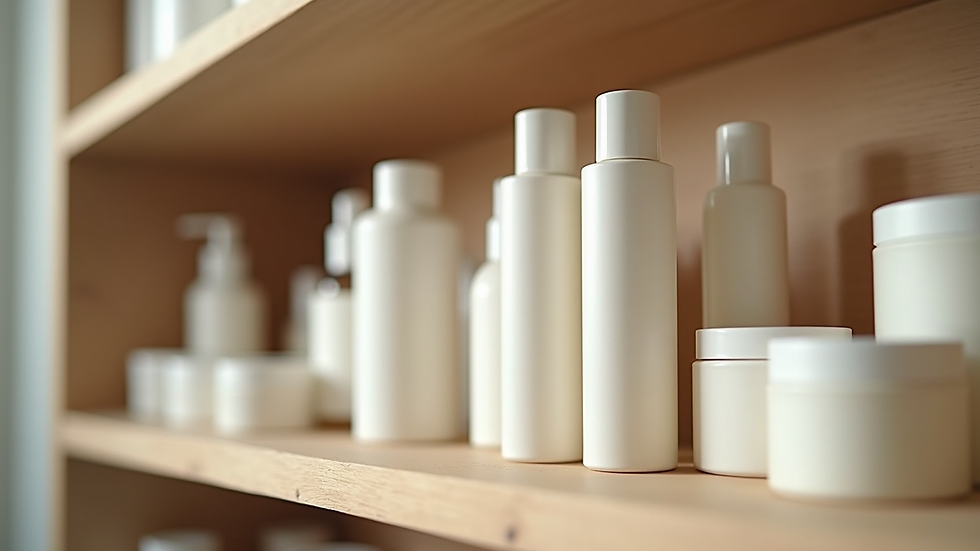 Eye-level view of a shelf with various gluten-free skincare products